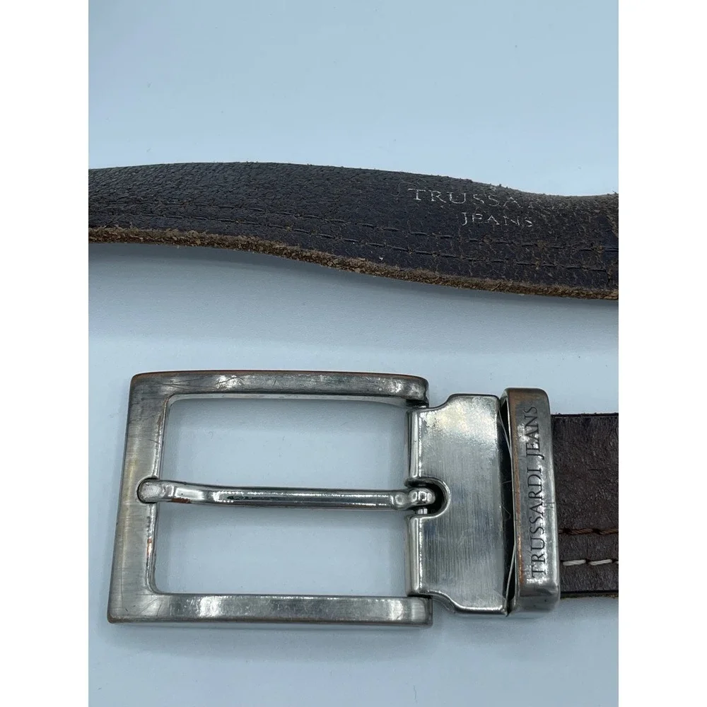 Trussardi Jeans Brown 100 Leather Belt Made in‎ Italy Sz 38/100cm Silver Buckle